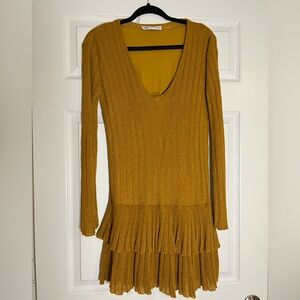 “Zara” gold ruffled long sleeve dress